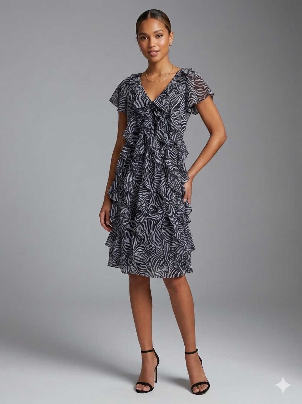 Marc Bouwer Purple Gray and White Zebra Multi Tiered Ruffle Dress